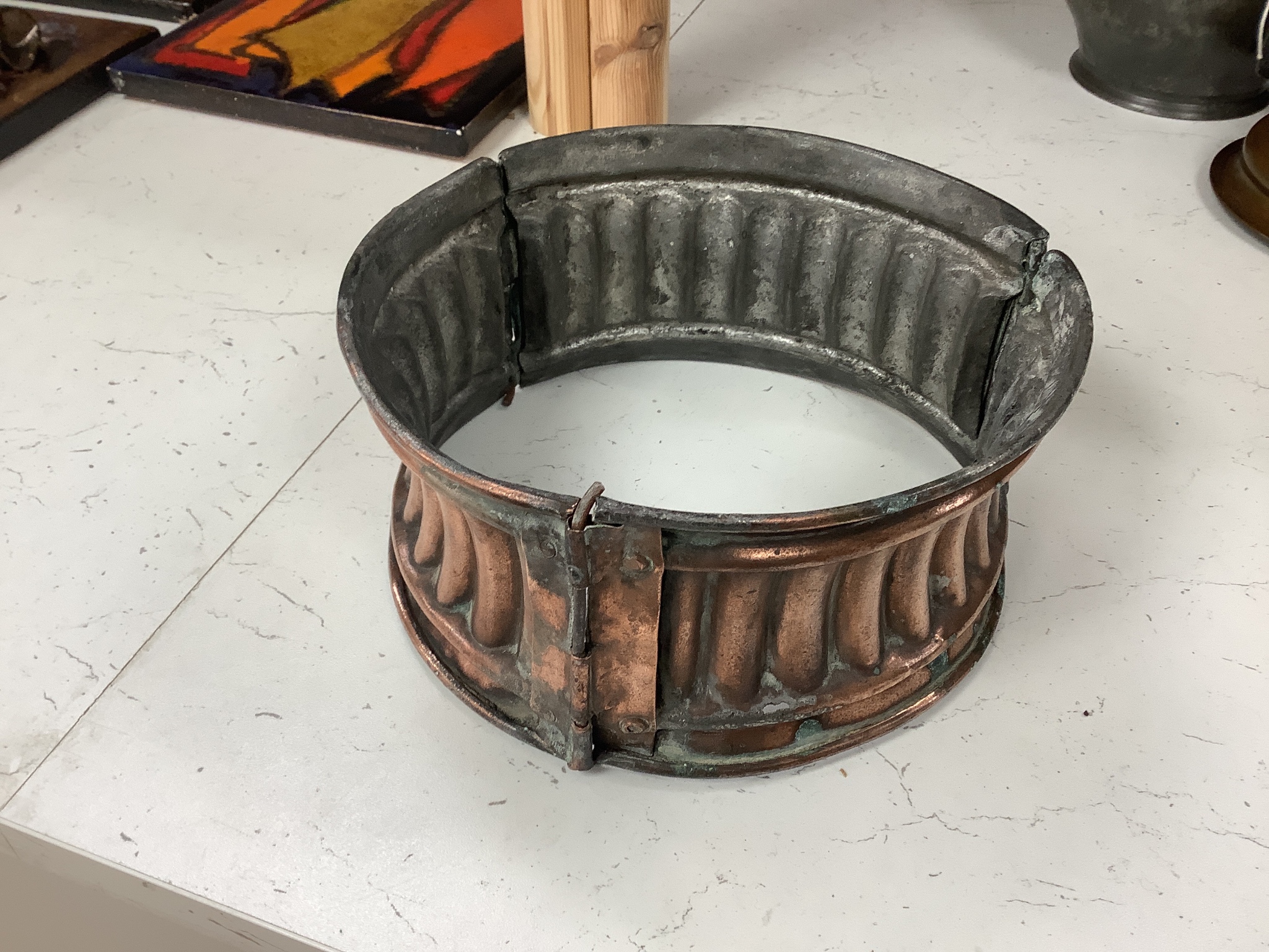 An unusual Victorian copper pie-mould, teak cased set of Bezique scorers, a brass link chain, a 19th century pewter pitcher, an Art Nouveau oil lamp, and two other items